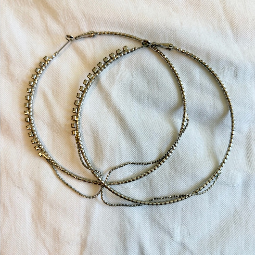 Bebe Silver Tone Hoop Earrings with Faux Diamonds